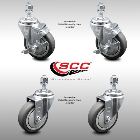 Service Caster 4 Inch SS Thermoplastic Rubber Swivel 1/2 Inch Threaded Stem Caster Brakes, 2PK SCC-SSTS20S414-TPRB-M1215-2-TLB-2